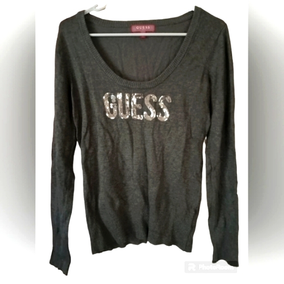 Women's Guess Gray Scoop neck Sweater with Silver Sequin Bling 💎 logo - Picture 4 of 5